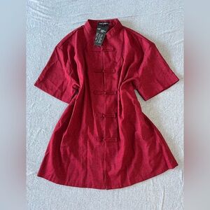 INCERUN Red Mandarin Collar Shirt